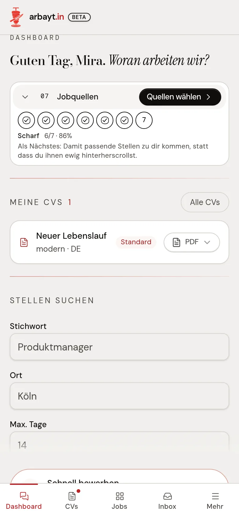 arbayt.in auf dem Handy: Dashboard mit Fortschritt, Lebenslauf und Schnellbewerbung