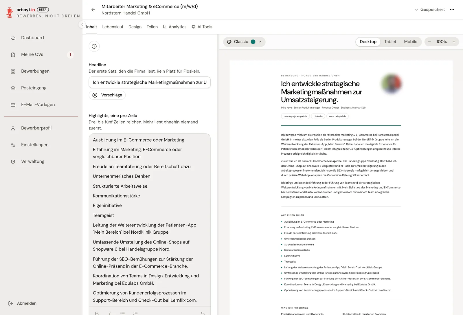 Bewerbungs-Editor mit Textfeldern links und Live-Vorschau der Bewerbungsseite rechts