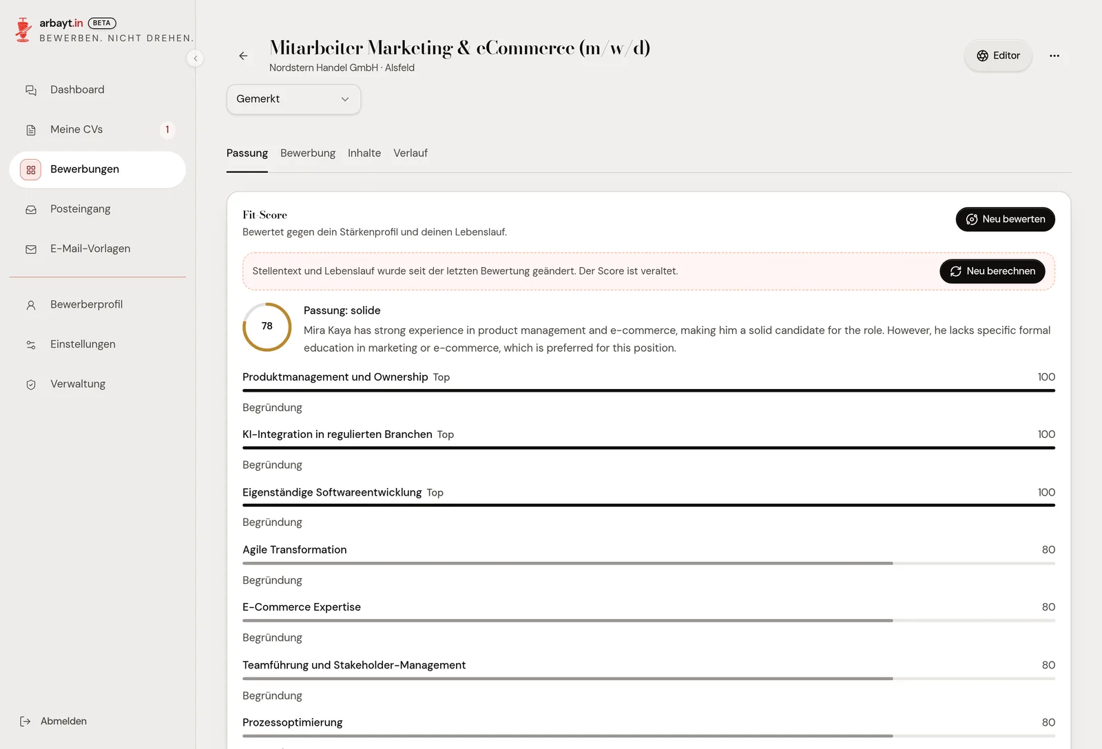 Fit-Score mit Passungswert 78 und einzelnen Kriterien mit Punkten