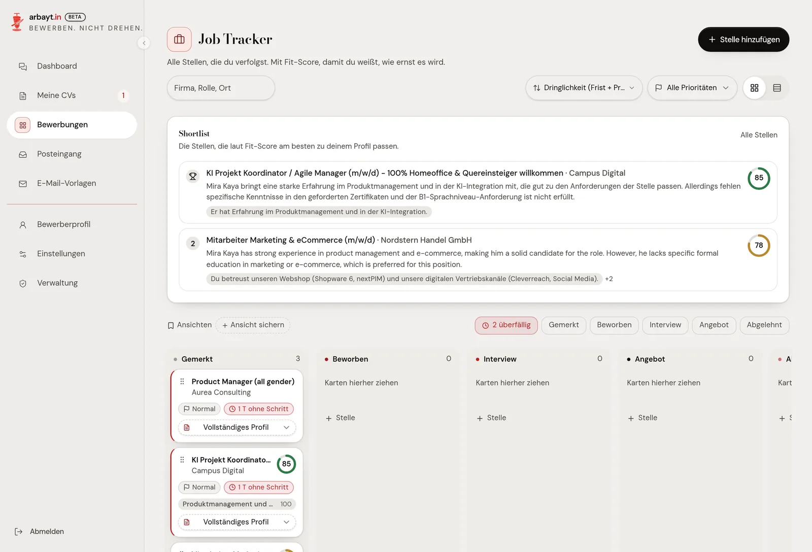 Job-Tracker mit Shortlist, Fit-Scores und Statusspalten von Gemerkt bis Angebot